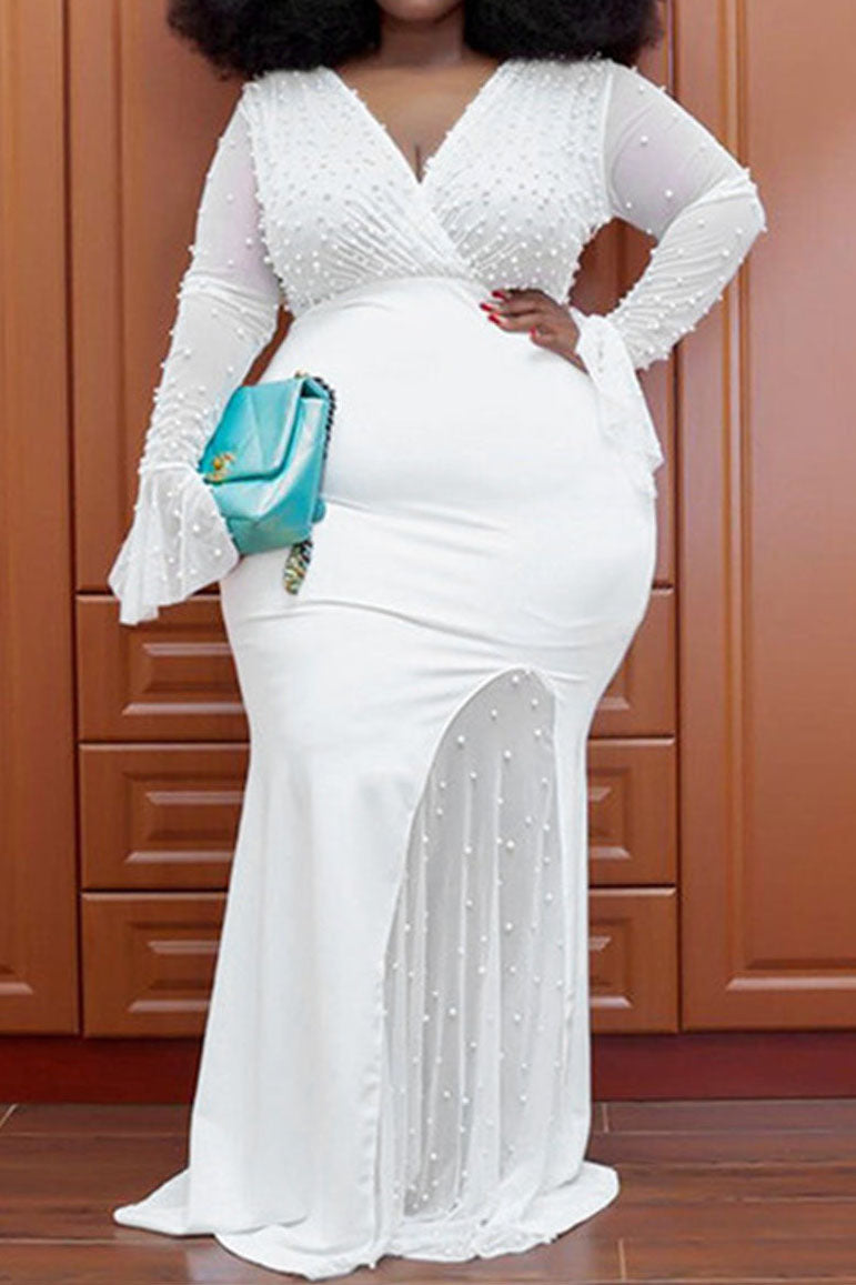 Plus Size Elegant Solid Pearls Decor Long Sleeve See-through Maxi Dresses