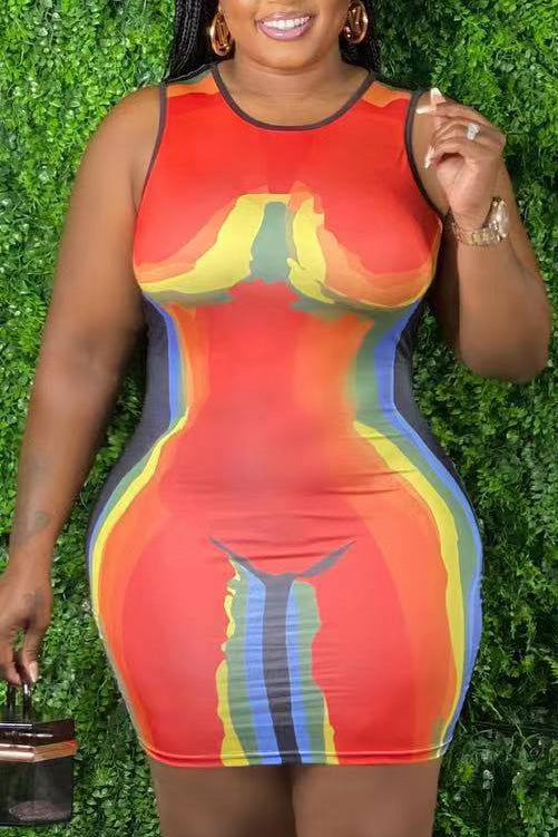 Plus Size Casual Colorblock Print Bodycon Sleeveless Mini Dresses