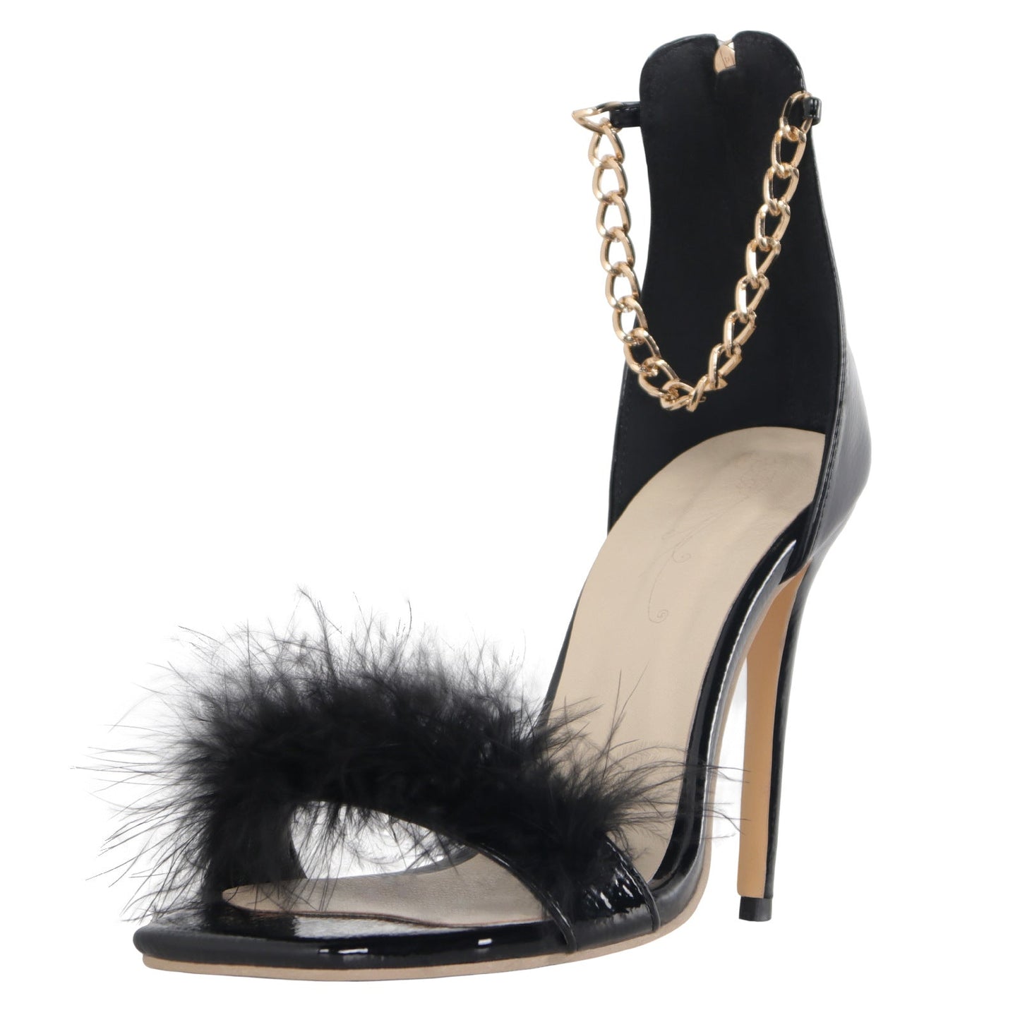 PU Leather Square Toe Feather Strap Chain High Heel Sandals