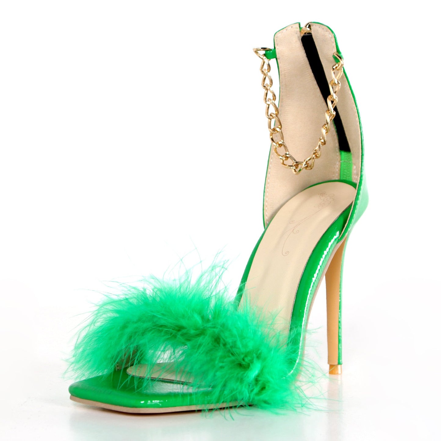 PU Leather Square Toe Feather Strap Chain High Heel Sandals