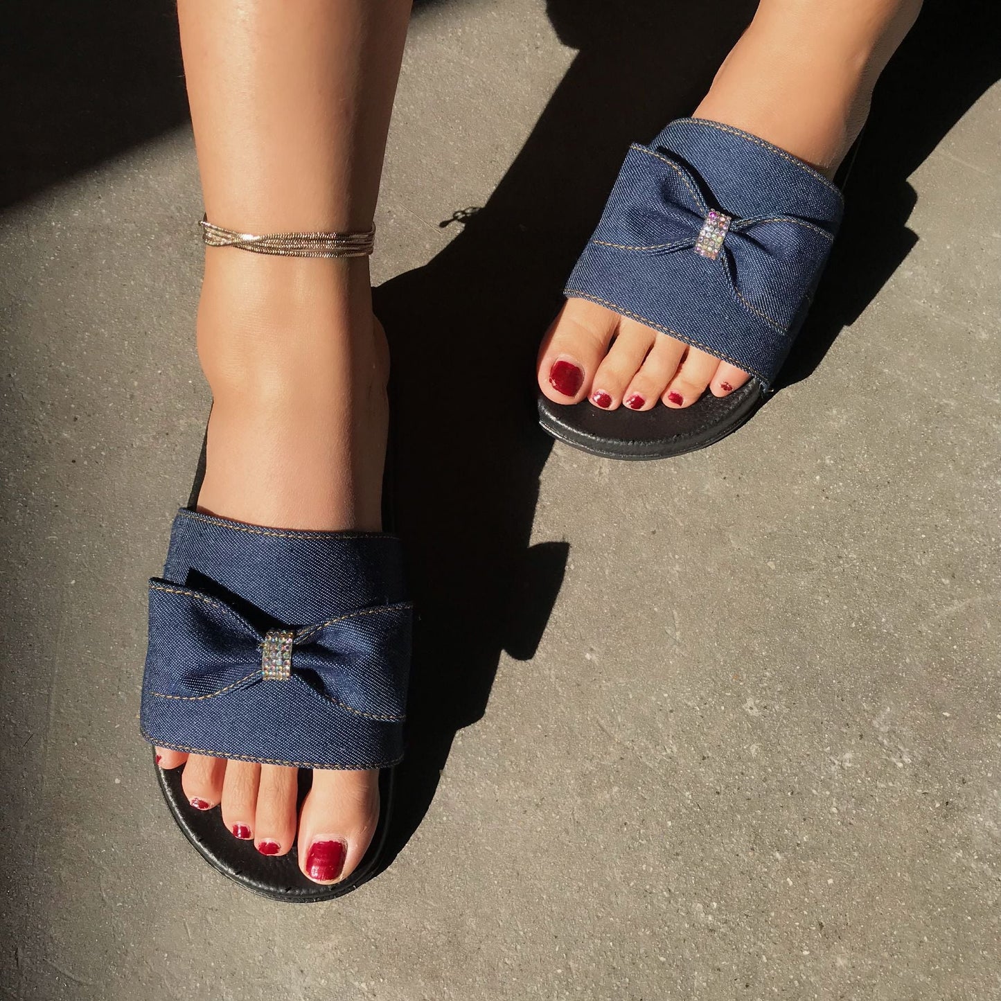 Casual Cute Solid Beach Bow Rhinestone Denim Slippers