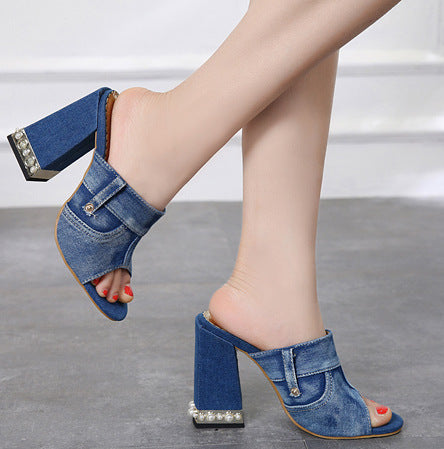 Casual Peep-Toe Pearl Denim Chunky High Heel Slippers