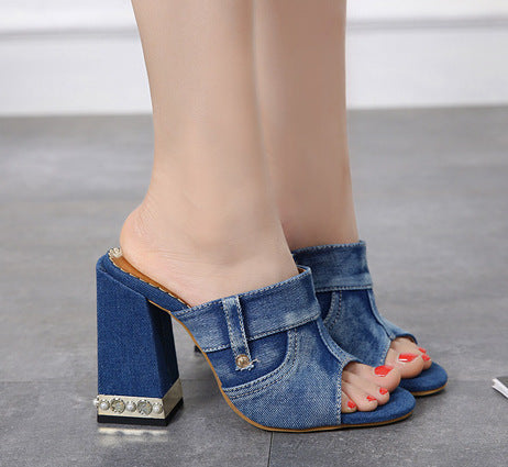 Casual Peep-Toe Pearl Denim Chunky High Heel Slippers