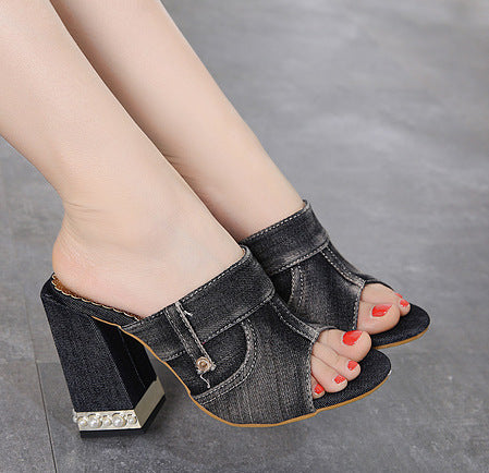 Casual Peep-Toe Pearl Denim Chunky High Heel Slippers