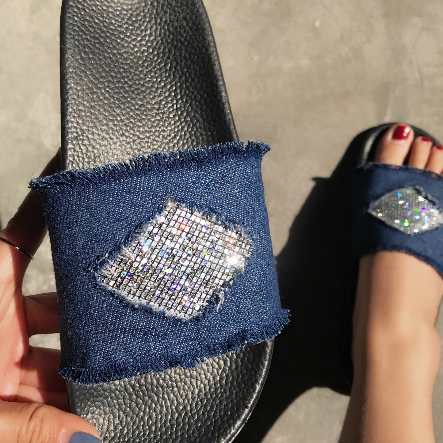 Casual Chic Summer Denim Rhinestone Flat Slippers