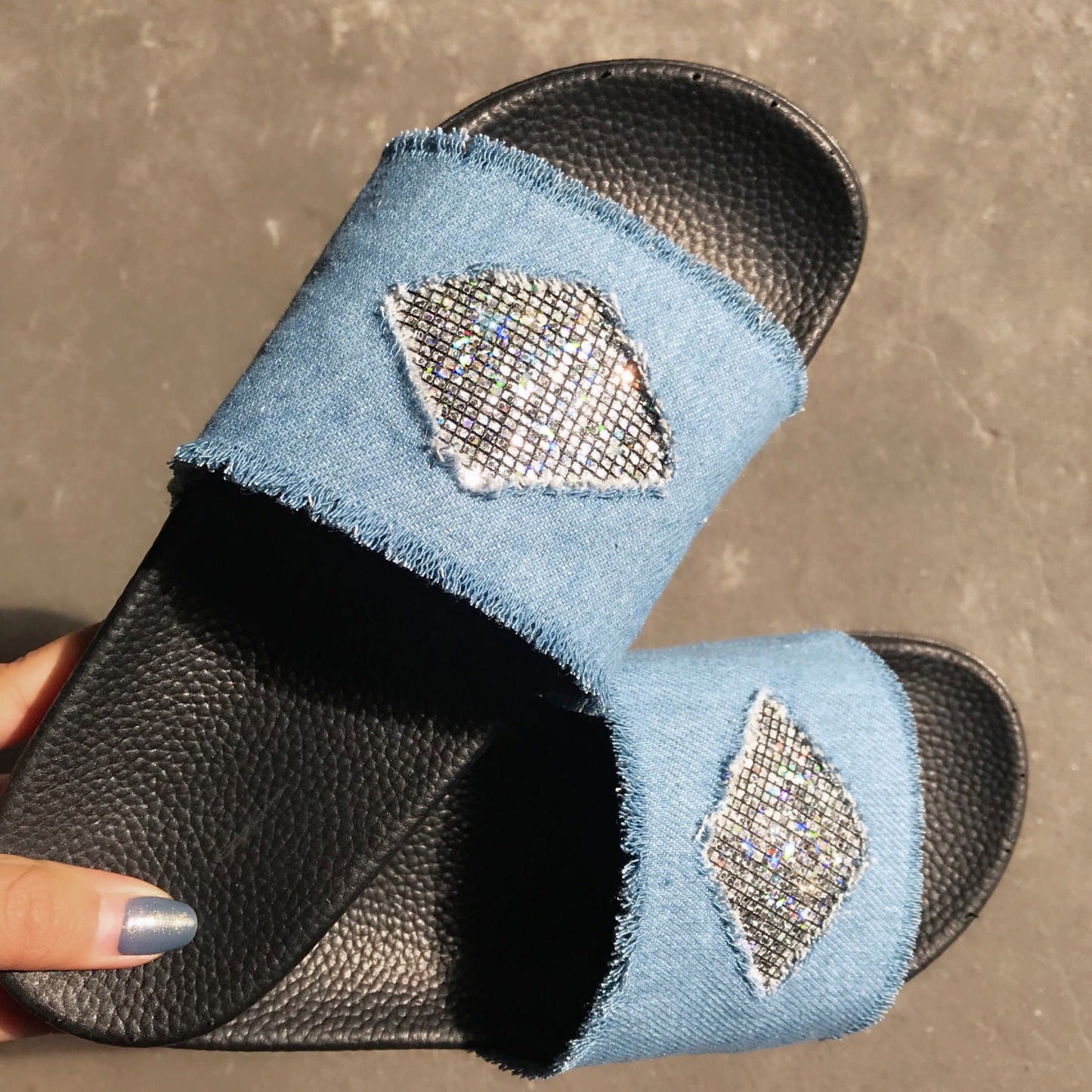 Casual Chic Summer Denim Rhinestone Flat Slippers