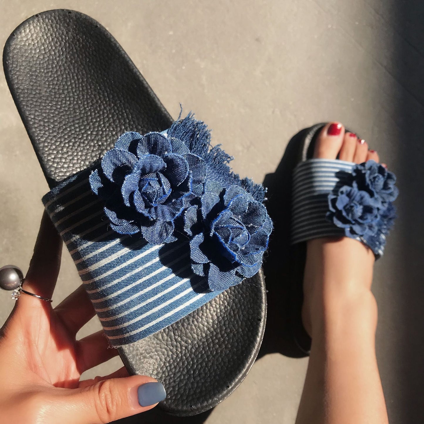 Chic Fashion Striped Fringe Floral Denim Slippers