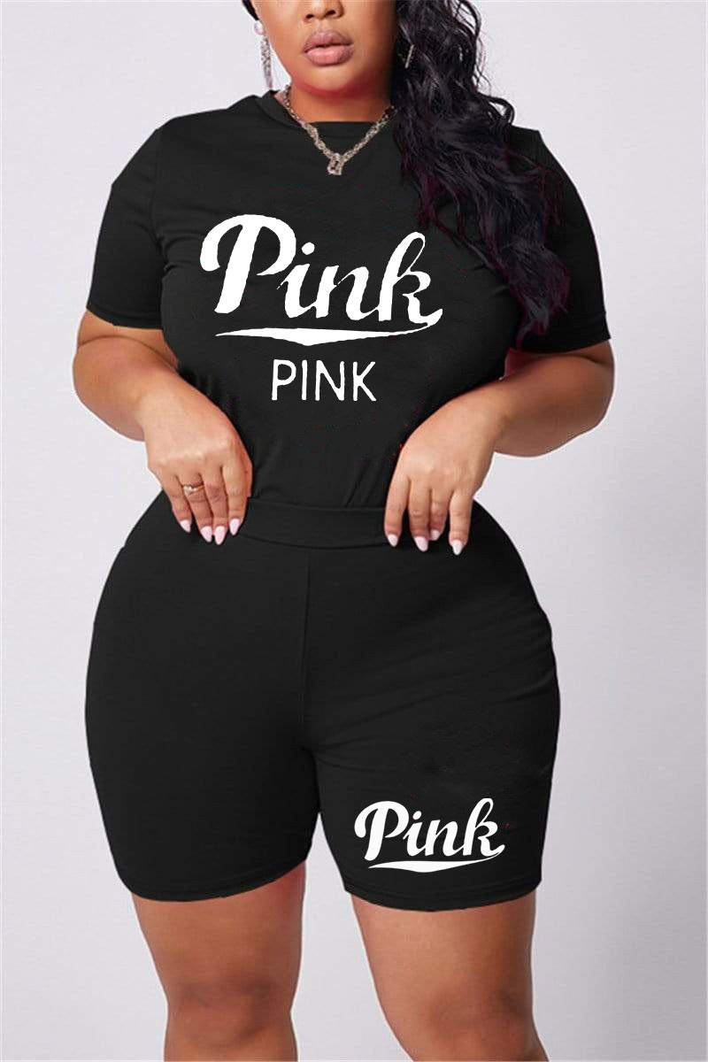 Plus Size Casual Solid Graphic Print Two Piece Short Set