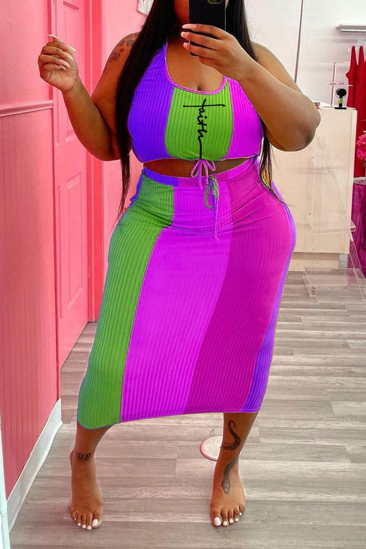 Plus Size Casual Colorblock Sleeveless Graphic Print Two Piece Set