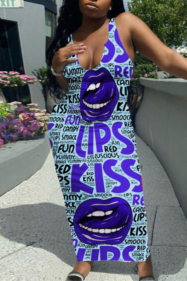 Plus Size Casual U-Neck Lips All Over Print Cami Maxi Dresses