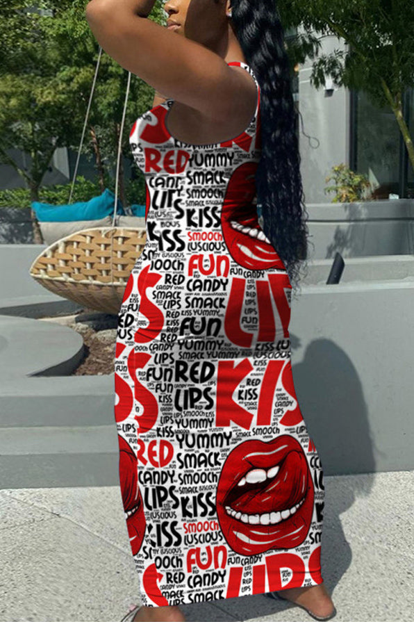 Plus Size Casual U-Neck Lips All Over Print Cami Maxi Dresses