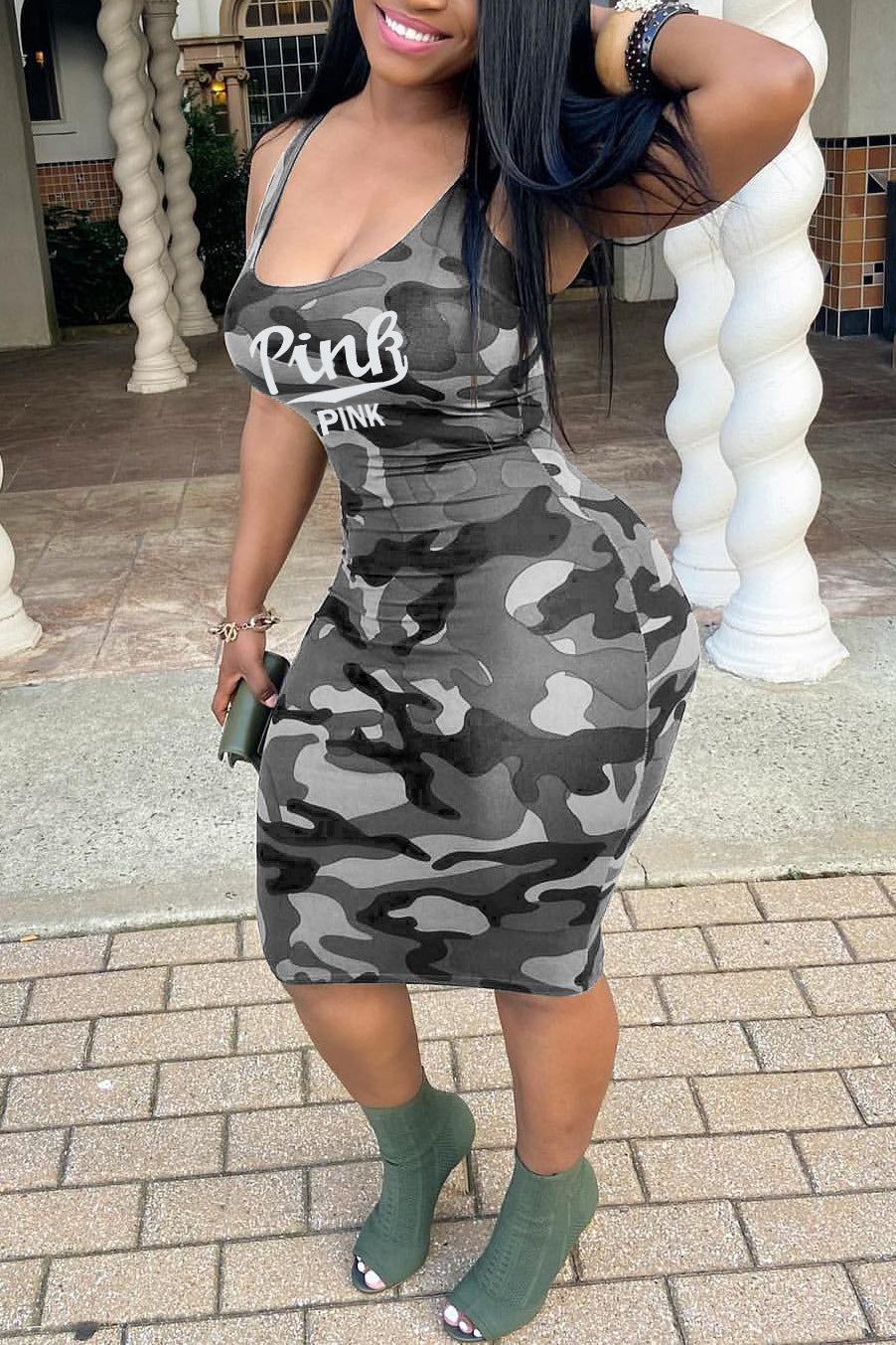 Plus Size Casual Camo Round Neck Letter Print Cami Midi Dresses