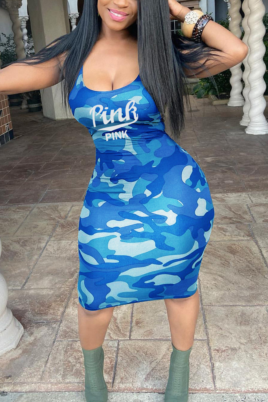 Plus Size Casual Camo Round Neck Letter Print Cami Midi Dresses