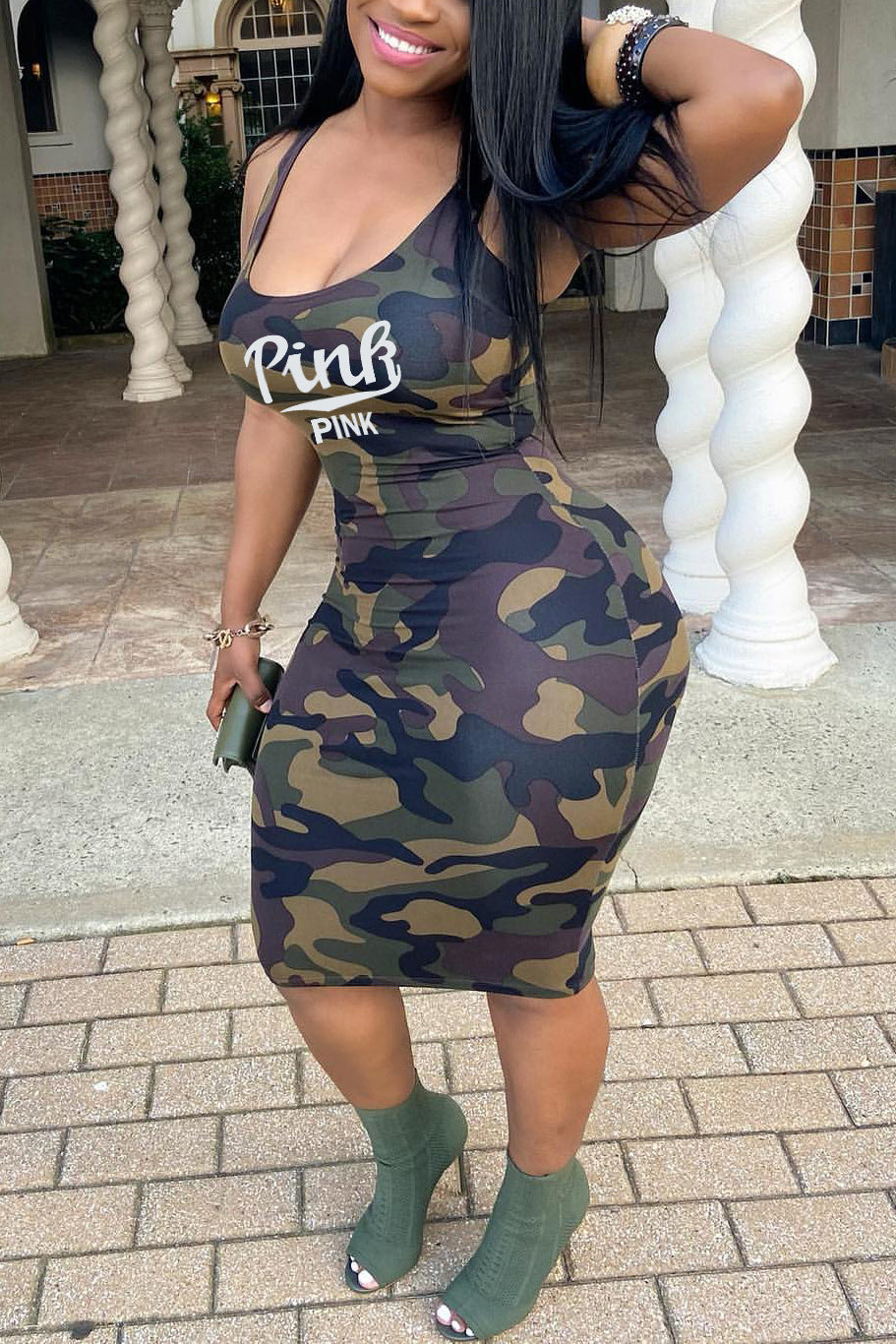 Plus Size Casual Camo Round Neck Letter Print Cami Midi Dresses