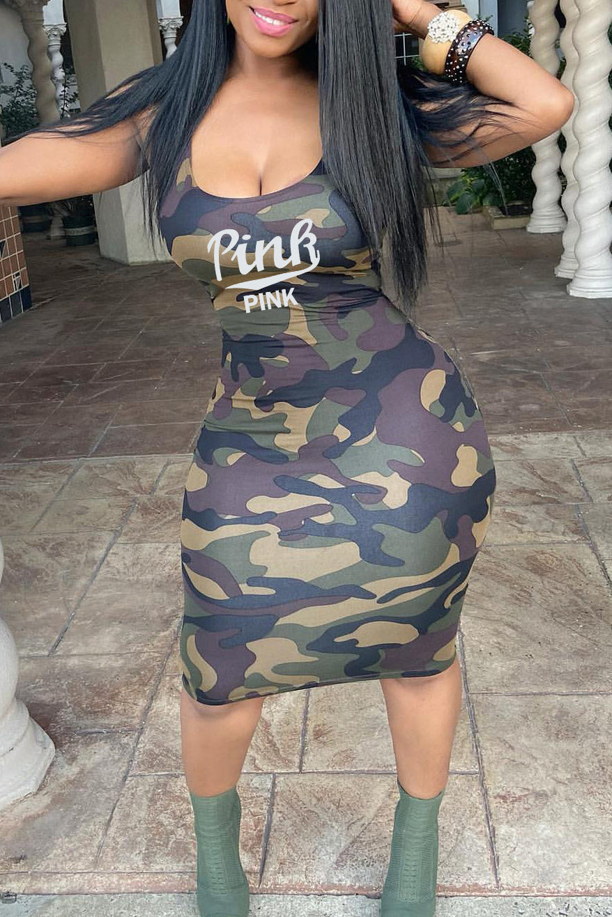 Plus Size Casual Camo Round Neck Letter Print Cami Midi Dresses