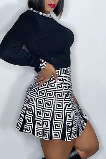 [Pre-Sale] Plus Size Long Sleeves Solid Round Neck Top Print Skirt Set