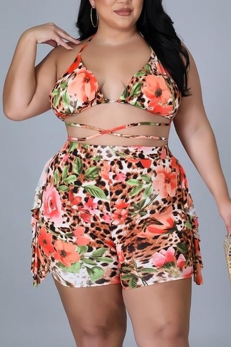 Plus Size Summer Leopard Print Ruffle Bikini Swimsuit