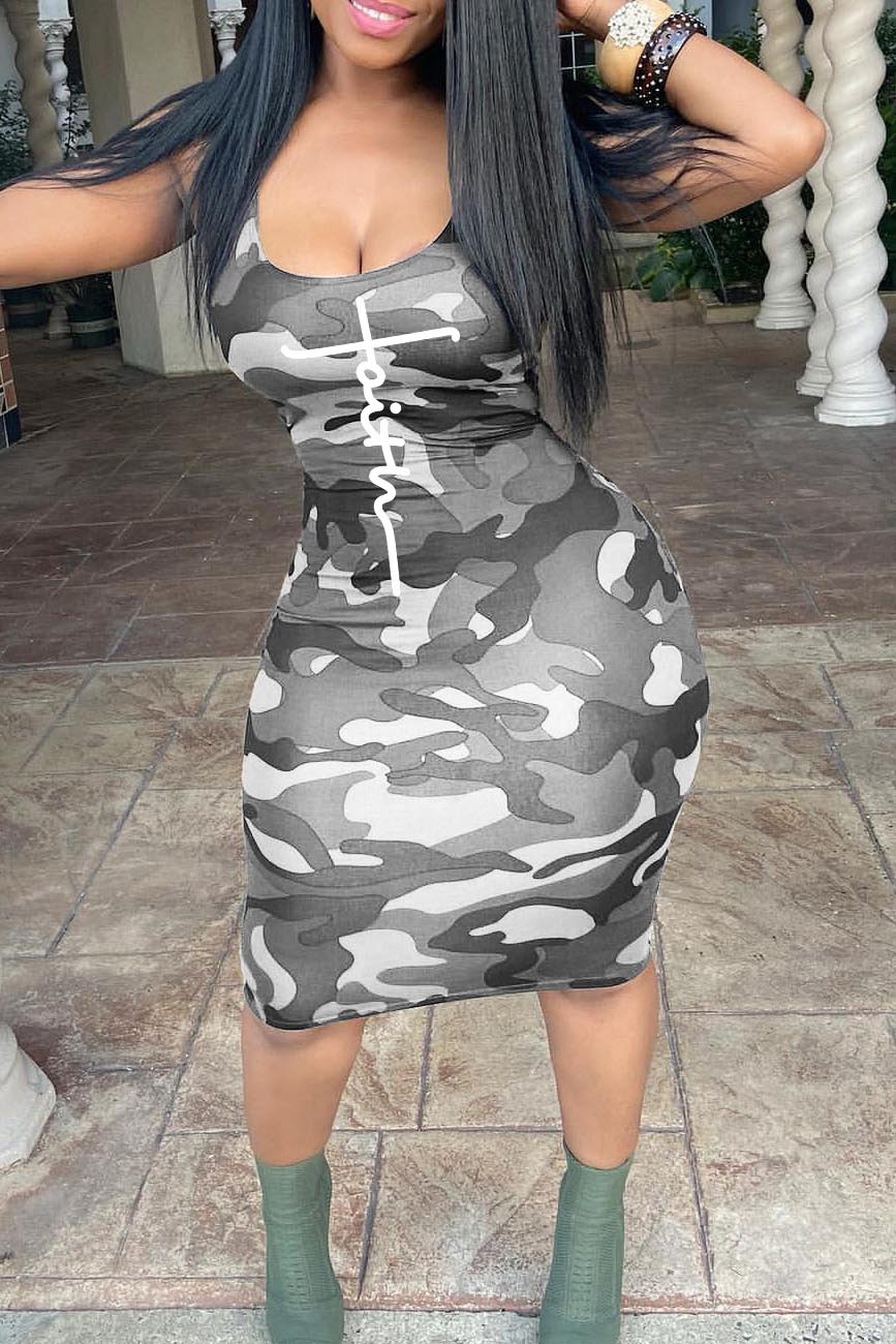 Plus Size Casual Camo U-Neck Letter Print Cami Midi Dresses