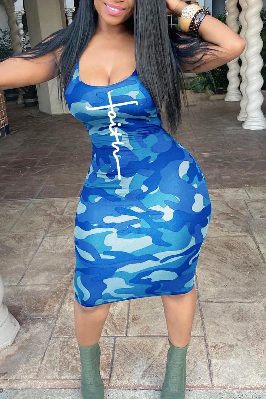 Plus Size Casual Camo U-Neck Letter Print Cami Midi Dresses