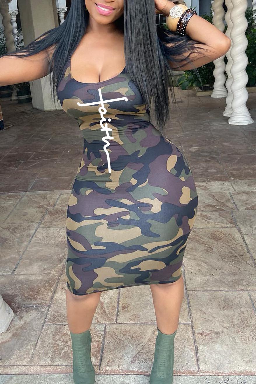 Plus Size Casual Camo U-Neck Letter Print Cami Midi Dresses