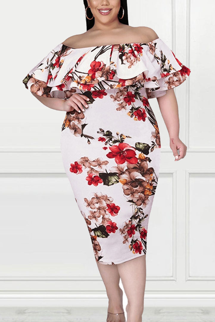 Plus Size All Over Print Floral Off The Shoulder Midi Dresses