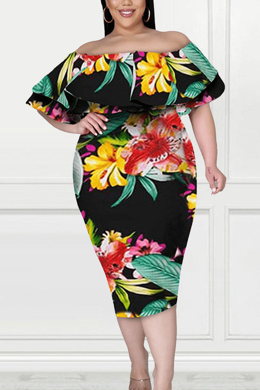 Plus Size All Over Print Floral Off The Shoulder Midi Dresses