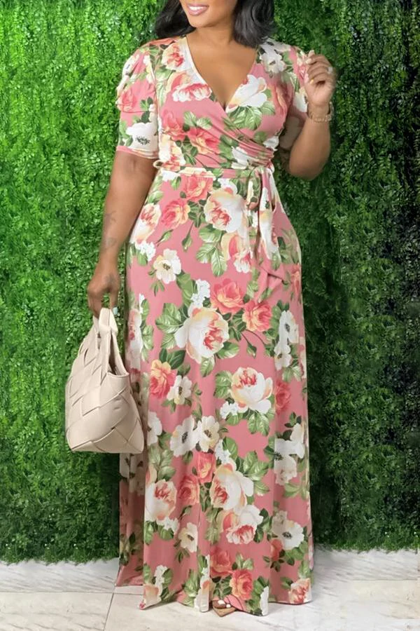 Plus Size V Neck Floral Wrap Puff Sleeves Maxi Dresses