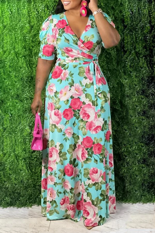 Plus Size V Neck Floral Wrap Puff Sleeves Maxi Dresses