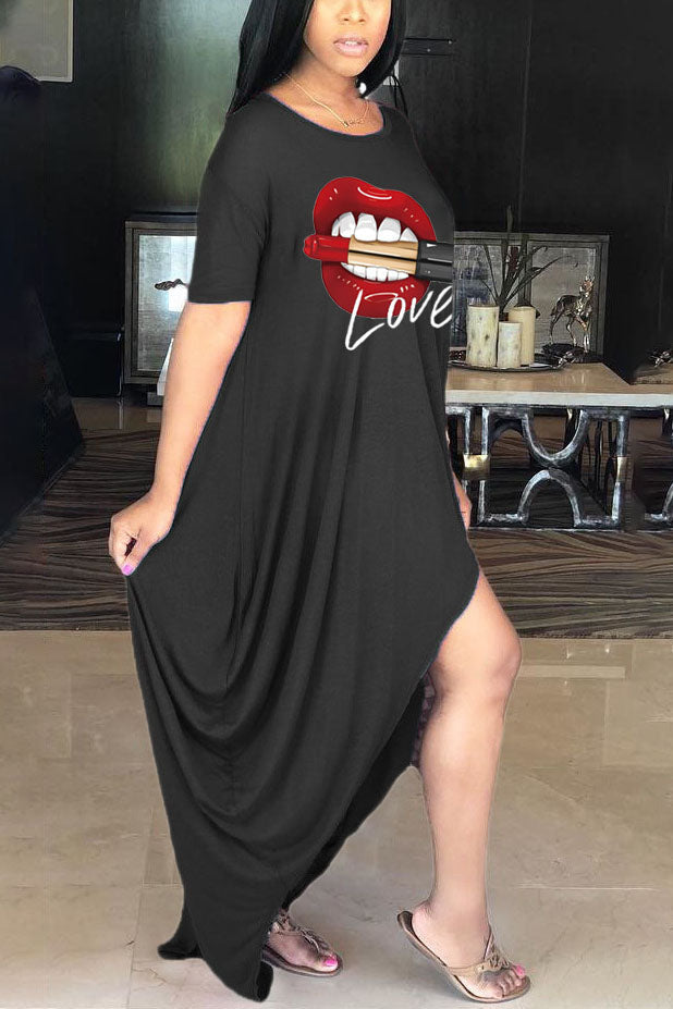 Plus Size Graphic Letter Cut Out Flared Pleated Maxi Dresses