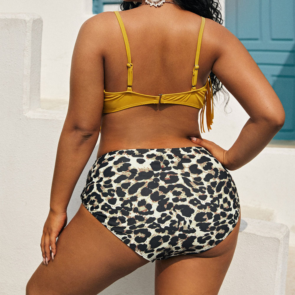Plus Size Vacation Fringe Leopard Print Two Pieces Swimsuit