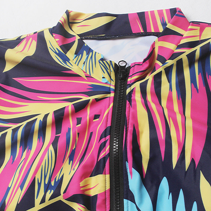 Plus Size Vacation Palm Leaf Print Zip Front Two Pieces Swimsuit