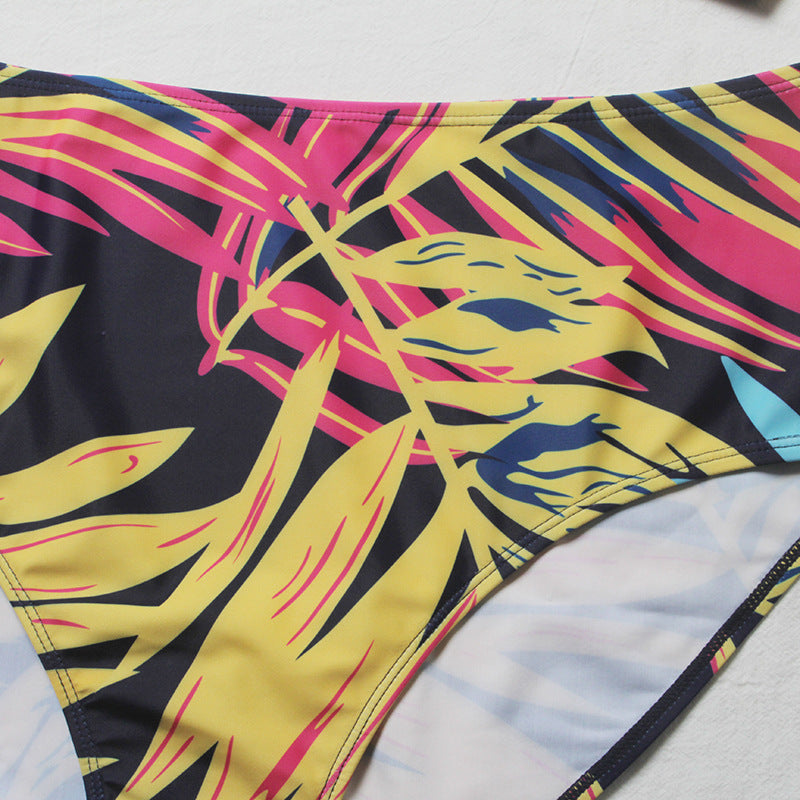 Plus Size Vacation Palm Leaf Print Zip Front Two Pieces Swimsuit
