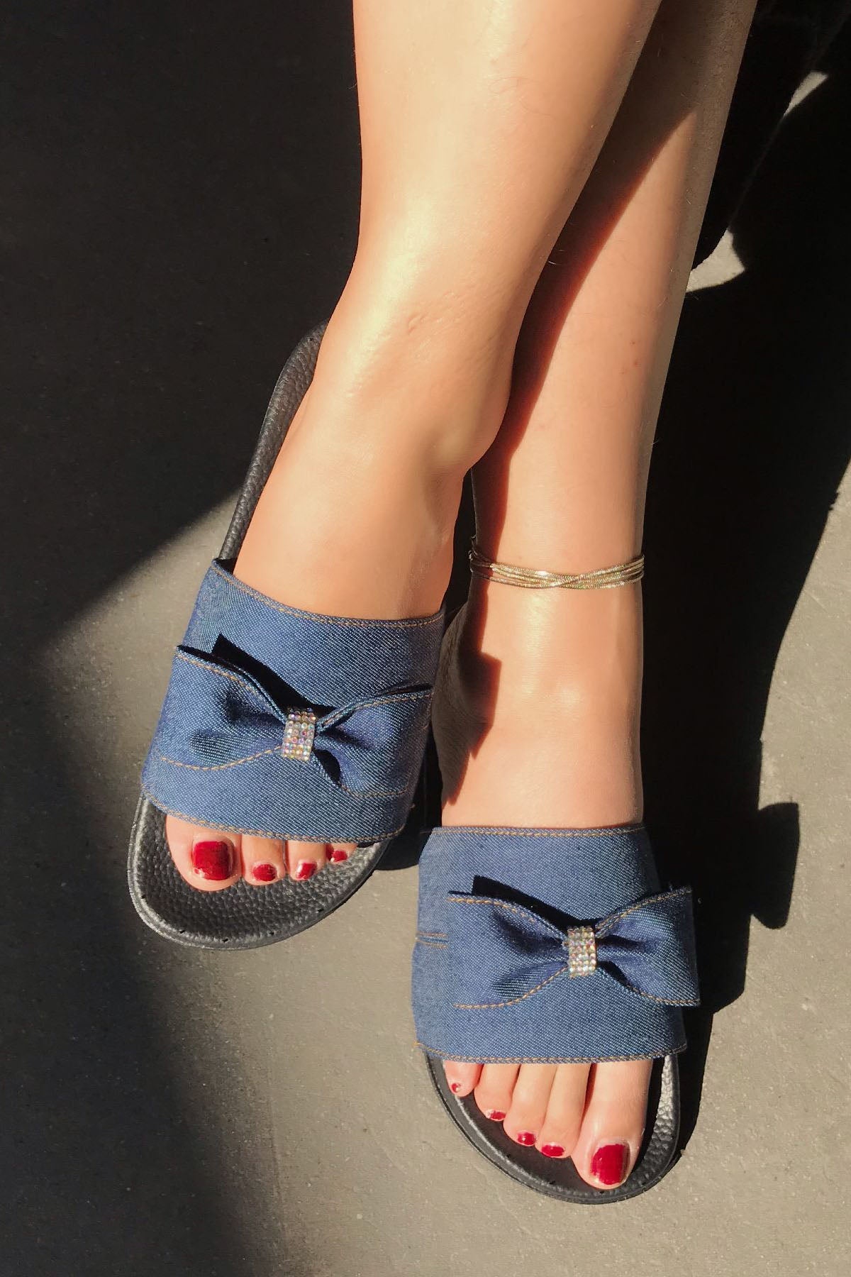 Casual Cute Solid Beach Bow Rhinestone Denim Slippers