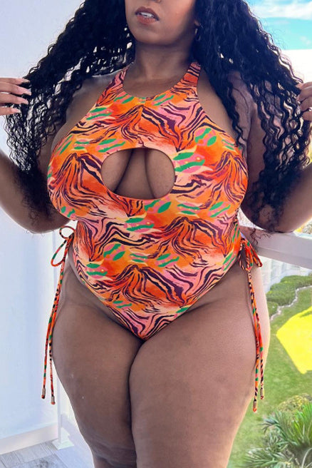 Plus Size All Over Print Lace Up Hollow Out Bikini One Piece Swimsuit