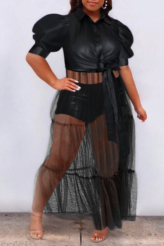 [Pre-Sale] Plus Size PU Leather Puff Sleeves See-Though Tulle Lace Up Maxi Dresses (Without Shorts)