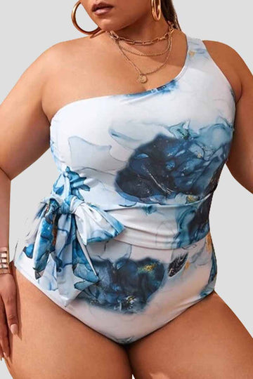 Plus Size Ink Print Lace Up One Shoulder Swimsuit