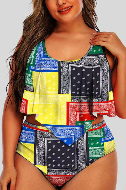 Plus Size All Over Print Colorblock Two Pieces Swimsuit