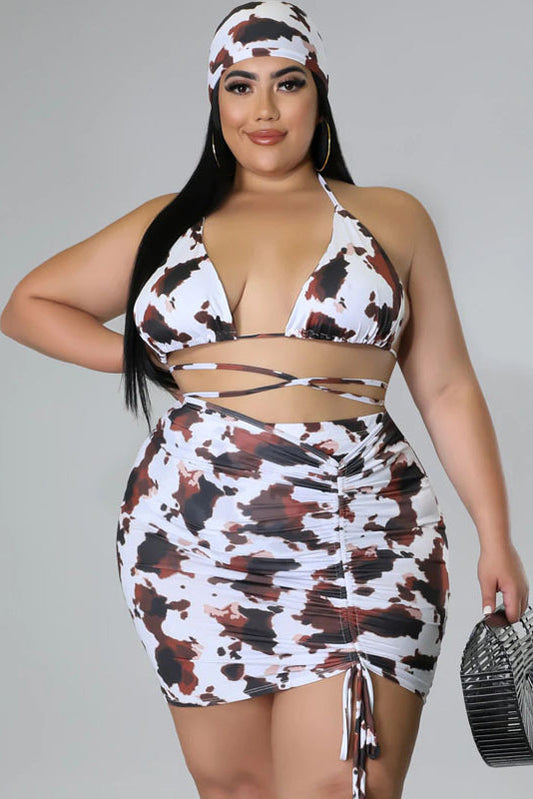 Plus Size Cross Lace Up Cow Print Backless Three Pieces Bikini Swimsuit