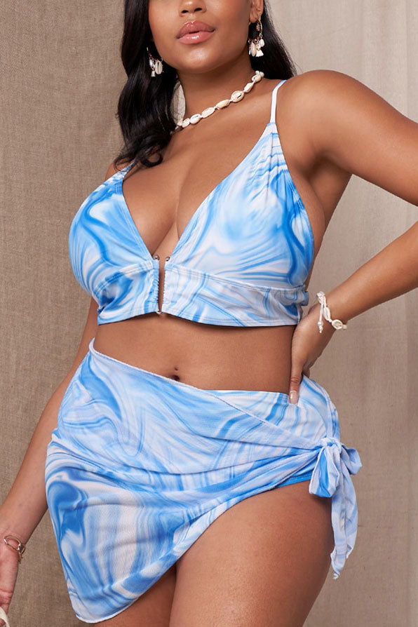 Plus Size Bikini Vacation Print Wave Lace Up Three Pieces Sets Swimsuit