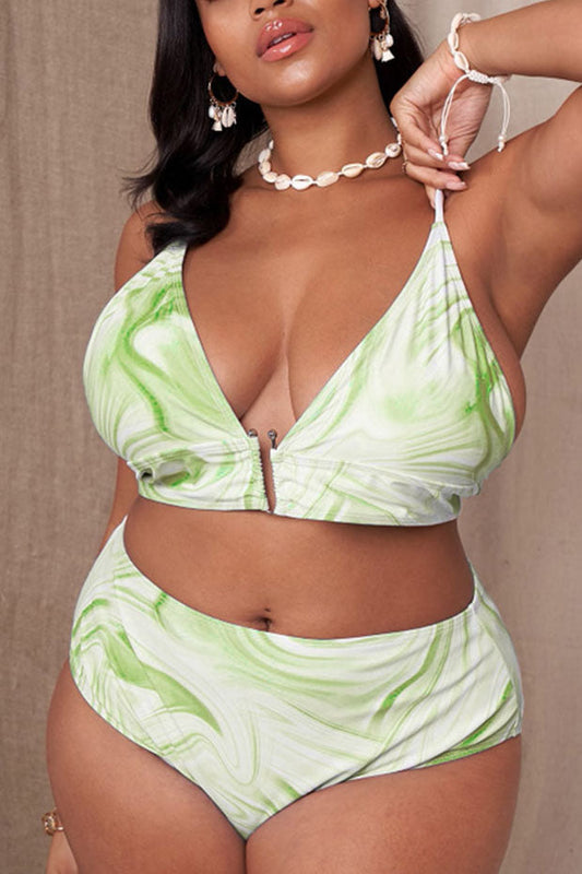 Plus Size Bikini Vacation Print Wave Lace Up Three Pieces Sets Swimsuit