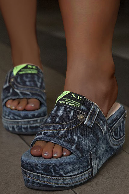 Fashion Casual button Washed Denim Thick Slippers