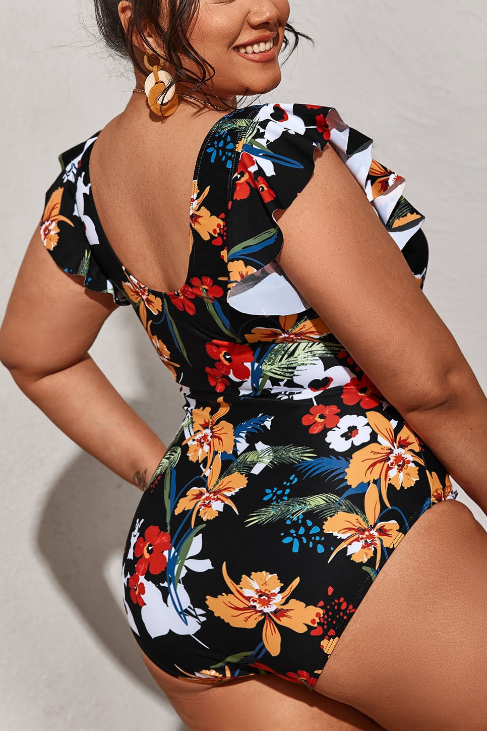 Plus Size Vacation Ruffle Floral Print One Pieces Swimsuit