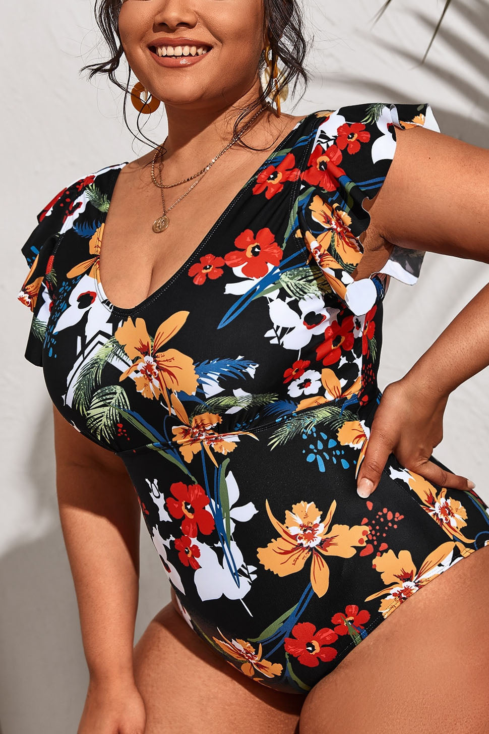 Plus Size Vacation Ruffle Floral Print One Pieces Swimsuit