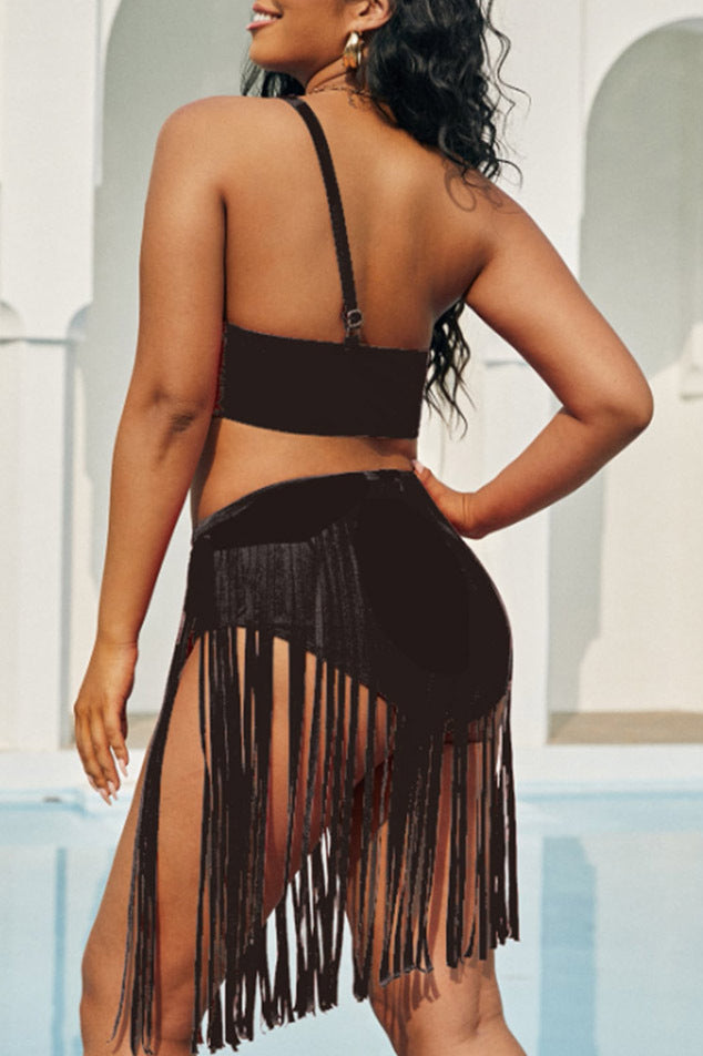 Plus Size Vacation One Shoulder Fringe Bottoms Two Pieces Swimsuit