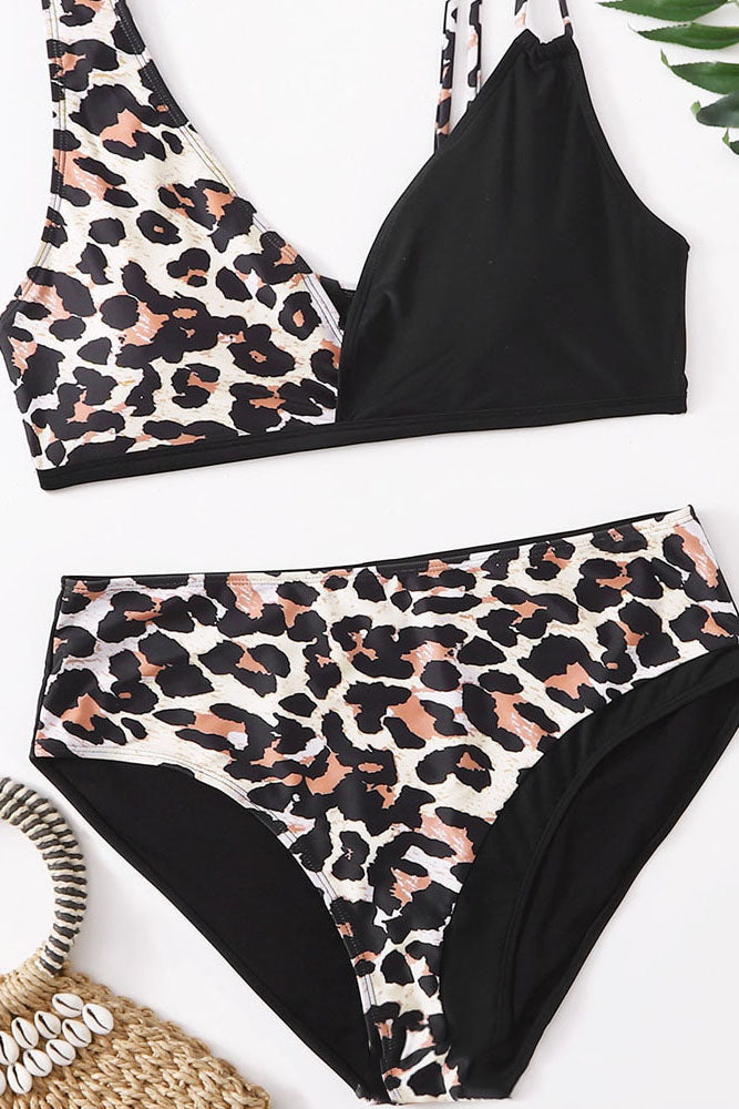 Plus Size Asymmetrical Leopard Print Two Pieces Swimsuit