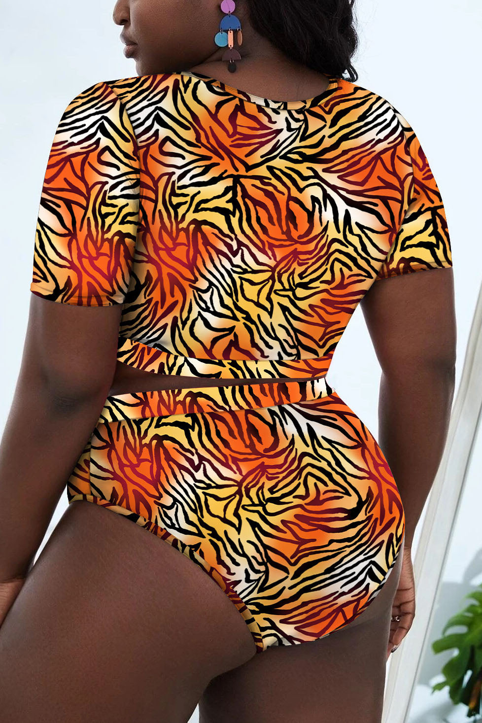 Plus Size Short Sleeves All Over Print Two Pieces Swimsuit