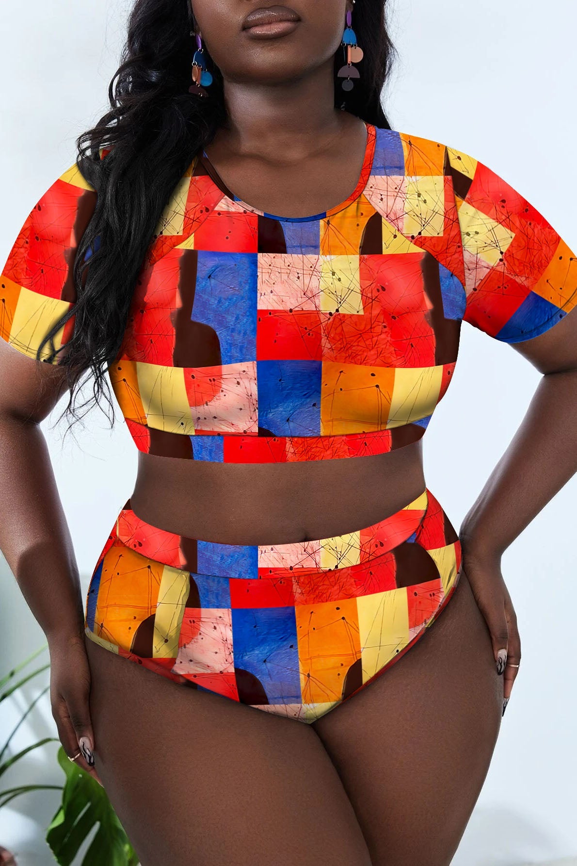 Plus Size Short Sleeves All Over Print Two Pieces Swimsuit