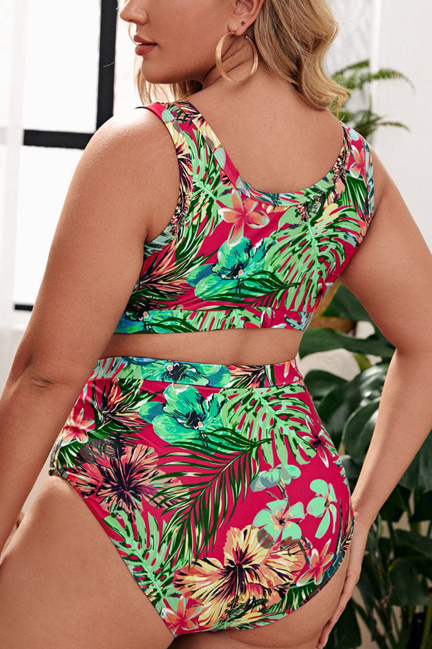 Plus Size See-Through Mesh Palm Leaf Flower Print Two Pieces Swimsuit