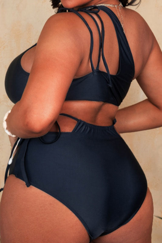 Plus Size Asymmetrical Lace Up Two Pieces Solid Swimsuit