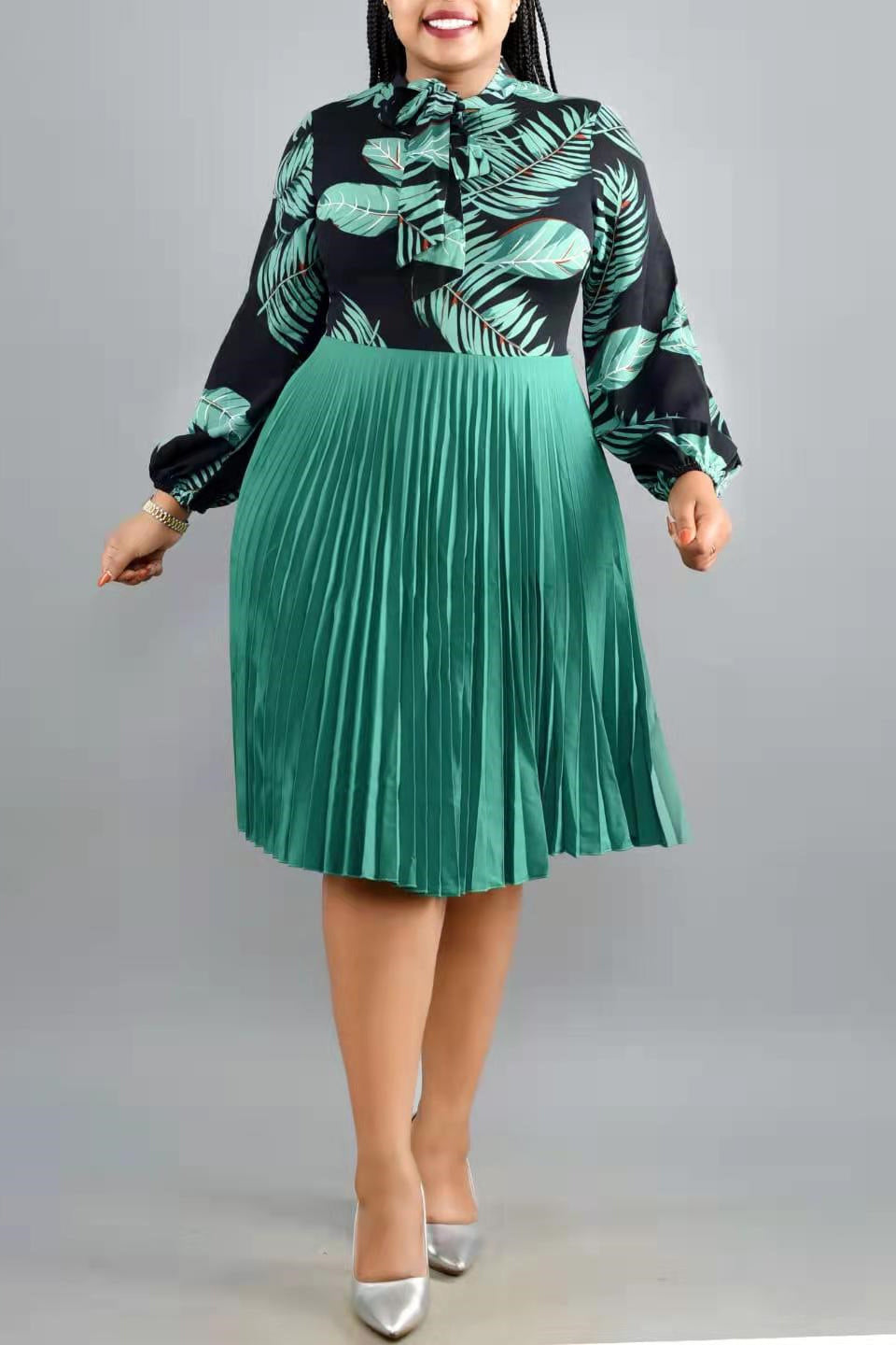 Plus Size Floral Print Pleated Bow Long Sleeves Midi Dresses